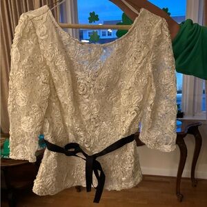 Elegant Cream Lace Top with Black Ribbon